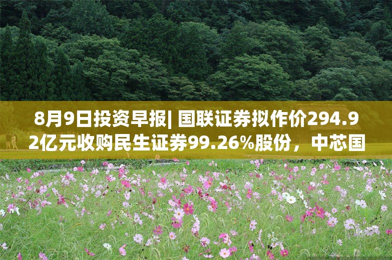 8月9日投资早报| 国联证券拟作价294.92亿元收购民生证券99.26%股份，中芯国际预计第三季度收入环比增长13%至15%，贵州茅台上半年净利润416.96亿元同比增长15.88%