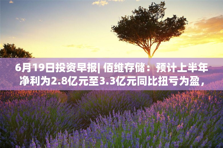 6月19日投资早报| 佰维存储：预计上半年净利为2.8亿元至3.3亿元同比扭亏为盈，ST爱康将被终止上市今日起停牌，南芯科技预计上半年净利同比增长101%-119%