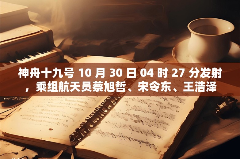 神舟十九号 10 月 30 日 04 时 27 分发射，乘组航天员蔡旭哲、宋令东、王浩泽