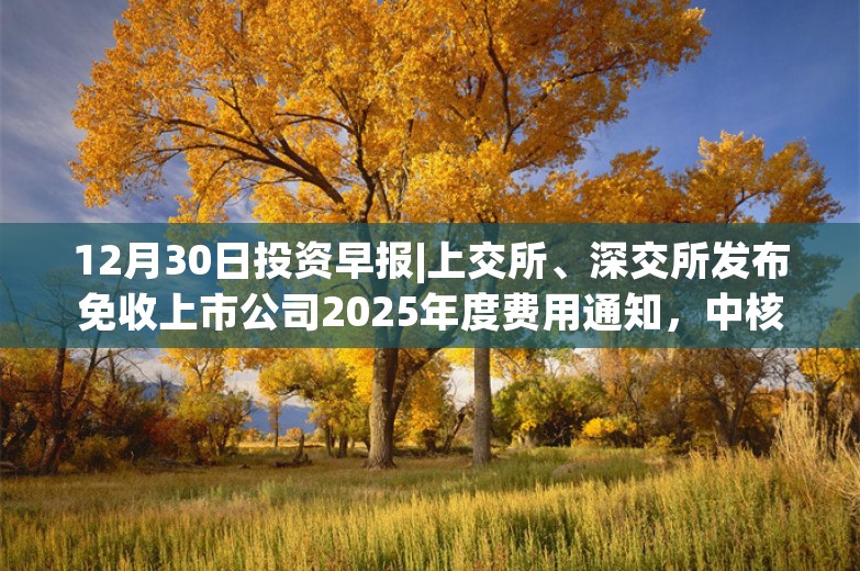 12月30日投资早报|上交所、深交所发布免收上市公司2025年度费用通知，中核科技拟购买中核西仪71.9%股权股票停牌，今日一只新股上市